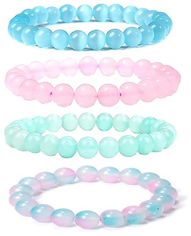 HXLJHALG 4Pcs 8mm Natural Crystal Bracelets for Women and Girls, Stretch Gradient Translucent Quartz Beaded Jewelry (Pink, Green, Blue)