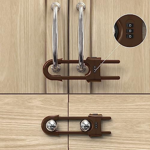 Jola's House Child Proof Sliding Cabinet Door Code Locks Baby Safety Cupboard Locks Adjustable U Shaped Cabinet Latches for Knob Handle Drawers Closet (4 PCS, Coffee)