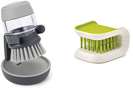 Joseph Joseph Palm Scrub - Dispenser di sapone ricaricabile spazzolino da cucina per lavare i piatti con supporto ripiano, grigio & Blade Brush Spazzola per Posate, Multicolore, 7.6 x 8 x 5.2 cm