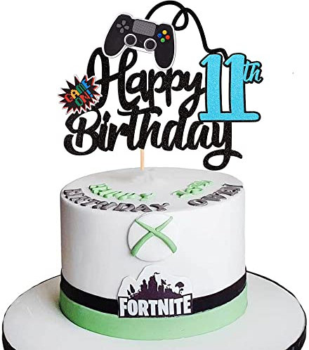 SYKYCTCY 1 Pack Video Game Happy 11th Birthday Cake Topper Glitter Video Game Cake Pick Game On Controllers Eleventh Cheers to 11 Years Cake Decoration for Happy 11th Birthday Party Supplies Black