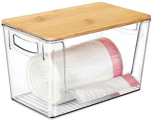 Hudgan Extra Large Trash Bag Holder Acrylic Trash Bag Dispenser Storage with Bamboo Top and Handles