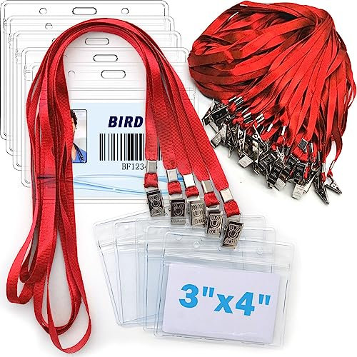 4x3 Name Tags Badge Holder with Lanyard 50 Pack Waterproof Horizontal ID Badge Holder and 50 Pcs Lanyards Nametag for Conferences, Events, and Meetings (Red, 4 X 3 inches)