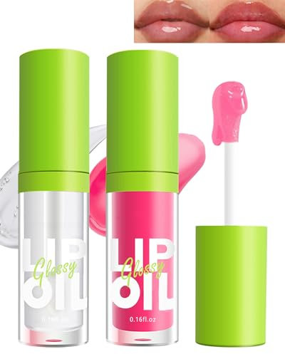 Hydrating Lip Glow Oil-2 Colors Tinted Plumping Moisturizing Lip Care Oil Gloss, Clear Pink Shiny Liquid Lipstick, Long Lasting Non-sticky Transparent Lipgloss, Makeup Gift for Women-1+2