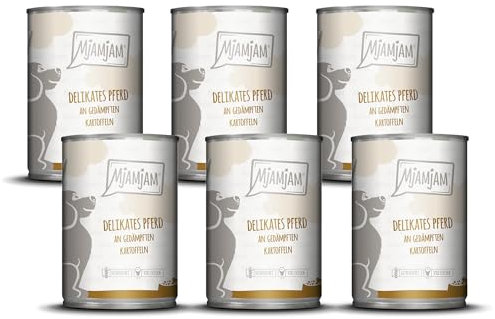 MjAMjAM - Premium Nassfutter für Hunde - delikates Pferd an gedämpften Kartoffeln, 6er Pack (6 x 400g), getreidefrei mit extra viel Fleisch