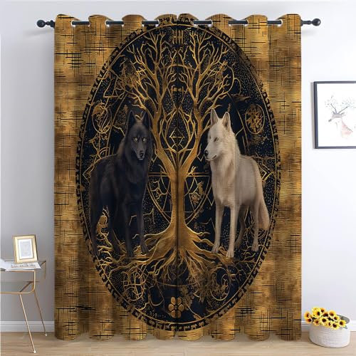 Vorhang Blickdicht Thermovorhang Wikinger-Goldfolie Muster Gardinen Wohnzimmer Vorhänge Geräuschreduzierung Dekoration für Schlafzimmer Fenster Goldener und dunkelbrauner Hintergrund 160 x 70 cm