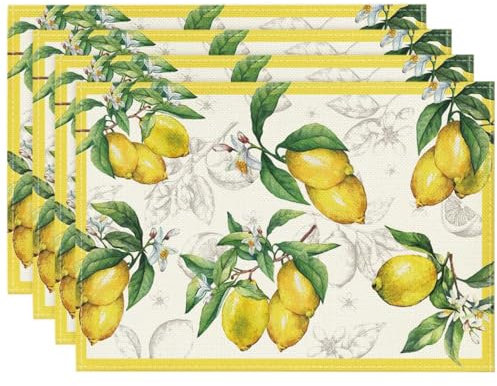 4 Stück Tischset Leinen Tischsets Esstisch Zitronen Tischsets Waschbar Platzdeckchen Mode Zitrone Tropische Früchte Platzset Sommer Platzsets für Zuhause Restaurant Speisetisch Urlaub Party 30x45cm
