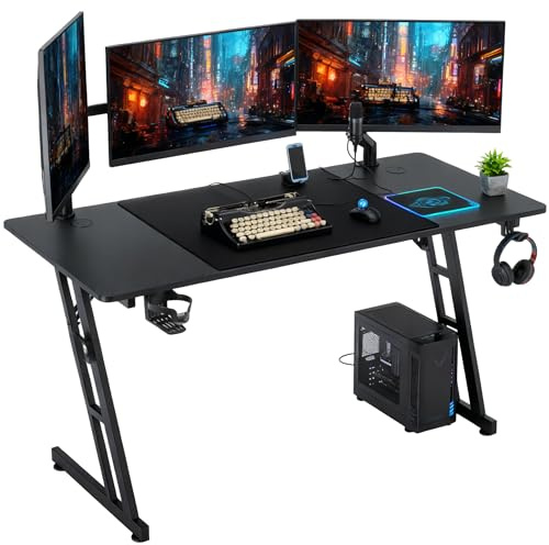 Suusonly Gaming Tisch Profi, 140x60cm Bürotisch & Computertisch mit Getränkehalter, Ergonomischer PC Schreibtisch Gaming, Höhenverstellbarer Schreibtisch Gaming für Gamer, Schwarz -ohne LED