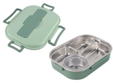 Lunchbox aus Edelstahl mit 4 Gittern, Box, Auslaufsichere Metallboxen, Tragbarer Lebensmittelaufbewahrungsbehälter, der Deckel Enthält Löffel und Essstäbchen (Yosoo Health