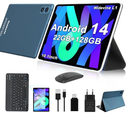 fezawio Tablet 10 Pulgadas Tablets Android 14, 22GB Ram+128GB ROM Octa-Core Tablets 5G WiFi, 8000 Mah, (1tb TF) Tablet con Teclado y RatóN + un año de Seguro contra Rotura de Pantalla- Azul