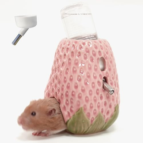 Hamster Water Bottle, Strawberry Ceramic Hamster Gerbil Water Bottle for Glass Tank, Dispenser, 80ML Bottle for Water Holder Stand with 2 No Drip Caps for Syrian Mice, Gerbil（Pink