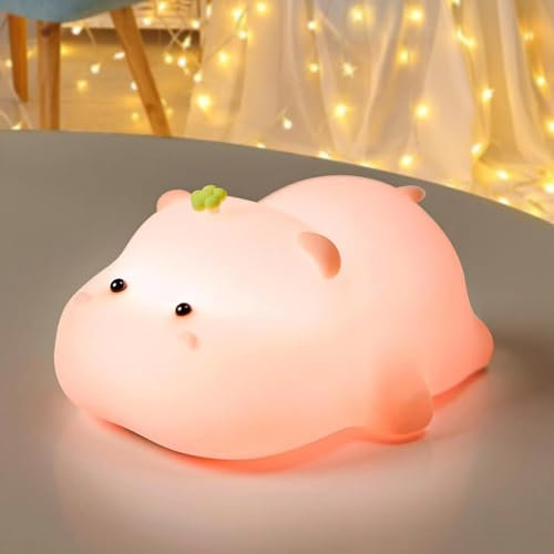 Joyan Kinder-Nachtlicht, Nilpferd Deko, Silikon, Rosa, USB Wiederaufladbar, Timer, 2 LED, 5 V, 2 W, BPA-frei, Berührungsschalter, Nachtlampe für Baby und Kinder