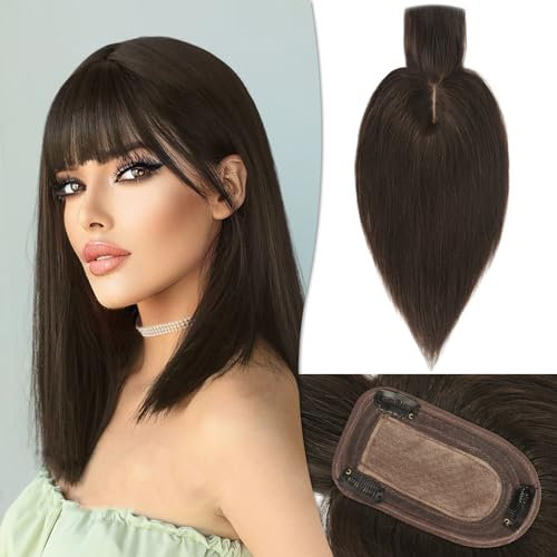 RUWISS Echthaar Hair Topper für Frauen Krone Toppers With Pony Kurze Perücken Haarteile für Dünnes Haar 7.5 * 13CM Silk Base 100% Echtes Menschliches Haar Clip in Topper 25 CM 35g (2#)