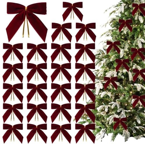 Burgundy Velvet Christmas Tree Bows - 24pcs Vintage Wedding Ribbon Bows for Indoor/Outdoor Decorations