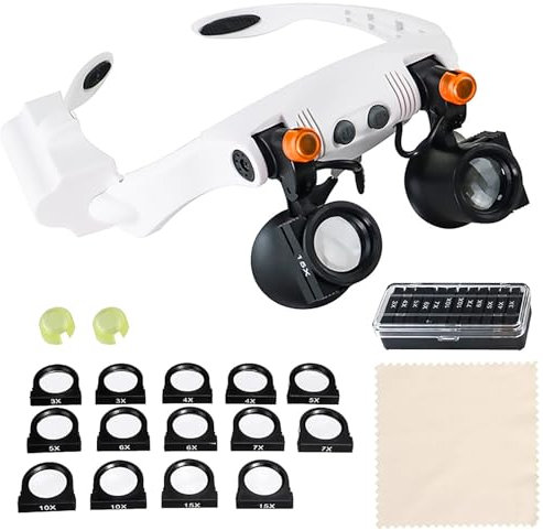 Lupenbrille mit Licht, Vergrößerungsbrille mit Warmem und Kaltem Licht, Kopfbandlupe 7 Verschiedene Vergrößerungen, LED Lupenbrille 14 Linsen (3X-15X), für HLesen, Elektriker, Nähen, Diamond Painting