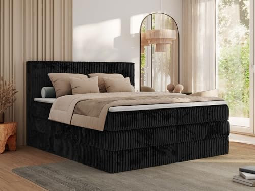 MKS MEBLE Boxspringbett 180x200 Schwarz Cord, Boxspringbett mit Matratze H3, Bett 180x200 mit Bettkasten and Kopfteil, Doppelbett mit Stauraum, Polsterbett 180x200 - Tiliano King
