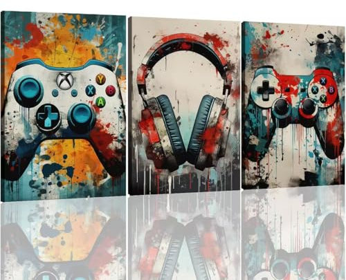 TANWYTQFAEH Framed Gaming Posters Wall Art Decor Watercolor Colorful Neon Gamepad Canvas Painting Pictures Prints for Boys Room Kids Cool Game Bedroom for Boys Decoration (color B, 30x40 cm, Framed)