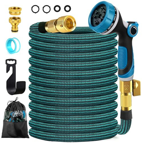IFXKB 100FT Expandable Garden Hose Pipe, Flexible Hosepipe for Lawn Expanding Retractable with 10 Function Spray Gun Nozzle, Magic Water Hose Attachments 3/4& 1/2 Solid Brass Connectors, Anti-Kink