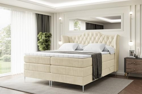 ALTDECOR Boxspringbett mit Silber Füßen, Matratze und Lattenrost, Topper, Polsterbett mit Bettkasten, Bett mit Stauraum H3- und H4- Matratze, Doppelbett -Vila-FS KING-160x200 - Beige Casablanca