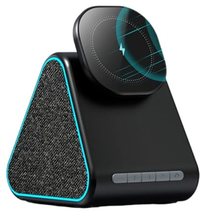 AARONMEI Supporto di ricarica magnetica wireless per iPhone 15 14 13 Supporto per telefono regolabile rotante con altoparlante e luce LED (nero)