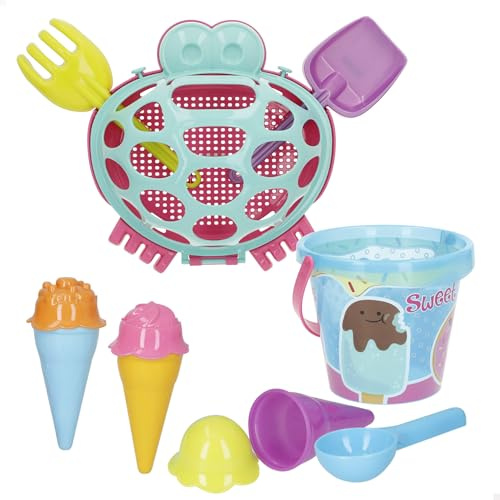 ColorBaby Color Beach Strandset Krabbe mit Eimer 14 cm, Schaufeln, Rechen, Eisformen, Transportnetz mit Griff, optimal zum Spielen im Sand ab 18 Monaten (47701)