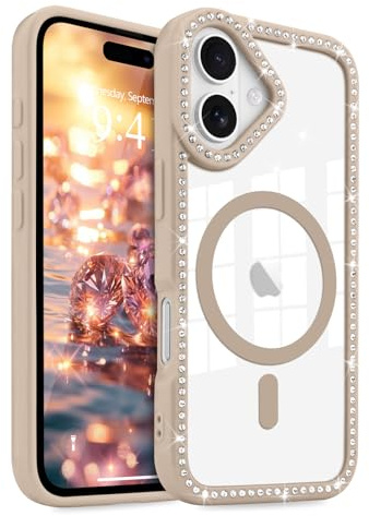 LCHULLE Magnetic Clear Glitter Phone Case for iPhone 16 Plus, Coffee | Compatible with MagSafe, Bling Sparkly Diamond Rhinestone Cute Design for Women Girls, Hard PC Back Cover Soft TPU Bumper