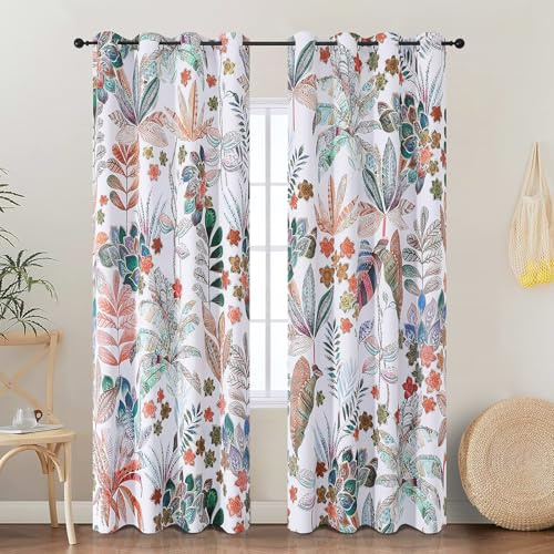 VEHEDE Raum abdunkelnde Vorhänge, Bunte Wärmeisolierte Gardinen Öse gedruckt Blatt Muster Vorhang für Schlafzimmer H 229 x B 132 cm