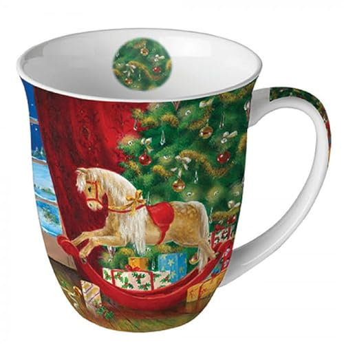 Tazza da caffè, tazza da tè, tazza in porcellana Fine Bone China, 0,4 l, per Natale e Avvento (con cavallo a dondolo)