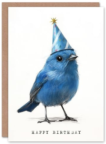 Artery8 Cute Blue Bird With a Party Hat Painting Birthday Card