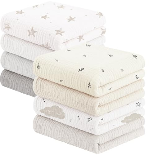 Susurration Mulltücher Baby Spucktücher,8er-Pack 100% Baumwolle Spucktücher Baby für Jungen und Mädchen, Weich, Atmungsaktiv und Extrem Saugfähig Musselin 60x60cm(Weiß-Apricot)