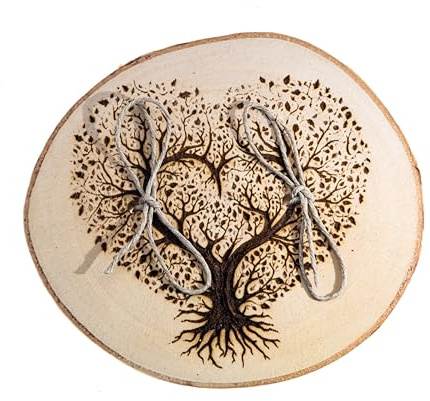generico Portafedi in legno per matrimoni, porta anelli, fedi nuziali, con albero della vita a forma di cuore (Betulla 10 cm)