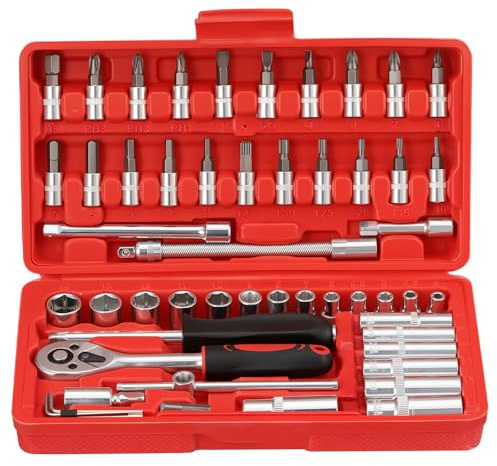 Faankiton 53PCS Ratchet Socket Set 1/4 Drive Socket Wrench Set, Cr-V Metric Ratchet Wrench Tool with Extension Bar and 72 Teeth Reversible Ratchet Spanner for Auto Repair and Home Maintenance (Red)