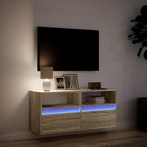 Homvdxl 100cm Floating TV Unit Stand with LED Lights, Wall TV Cabinet with 2 Drawers & Open Shelves, Modern Wall Mounted Cabinet for Living Room - Brown
