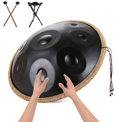 Stahlhandtrommel, 22 Zoll, 9/10/12 Töne, D-Moll-Handpan-Instrument, Stahlhandtrommeln Für Erwachsene Und Kinder, 432 Hz/440 Hz Golden Handpan Drum Percussion(Black,10 notes(440HZ))