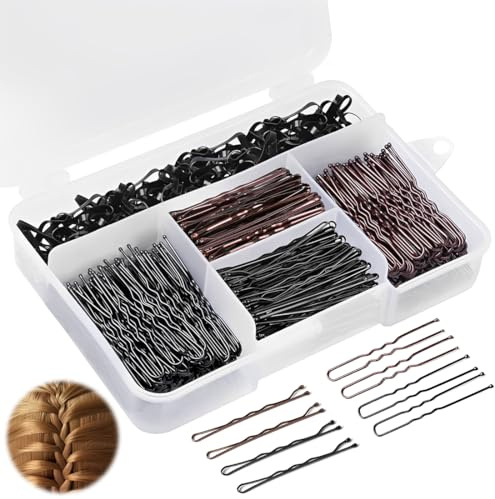 300 Horquillas Pelo Mujer, Pinzas Chignon Invisibles, Pasadores Metálicos, Gomas para el Cabello, Accesorios Cabello, Caja Organizadora Incluida (Marrón/negro)