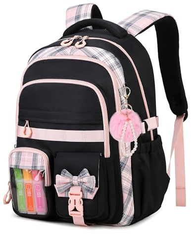Sisipoet Schulrucksack Mädchen 25L mit Schleife & Reflektoren ab 8 Jahre | Atmungsaktive 3D-Rückenpolsterung, viel Fächer für 15-Zoll-Laptops, süße Schleifen-Dekor, reflektierende Streifen