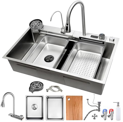 Fregadero de cocina plateado de 85 x 50 cm, acero inoxidable 304, cascada con grifo extensible, lavavajillas de cristal, tabla de cortar, sifón, tubo de drenaje, fregadero multifuncional, fregadero de