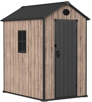 Hoggar – Caseta de Resina Jardín 2,70m2 Oak O30 - Suelo Incluido – Ventana Lateral – Efecto Madera Premium – Protección UV e Impermeable – Cierre con Pasador – Respiraderos - Puerta Batiente