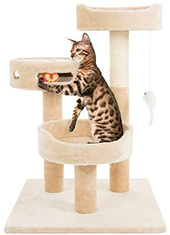 PETMAKER Cat Tree - 3-Tier Tall Cat Tower Condo with 2 Napping Perches, Sisal Rope Scratching Post, Hanging Mouse and Interactive Wheel Toy (Beige), 27.5