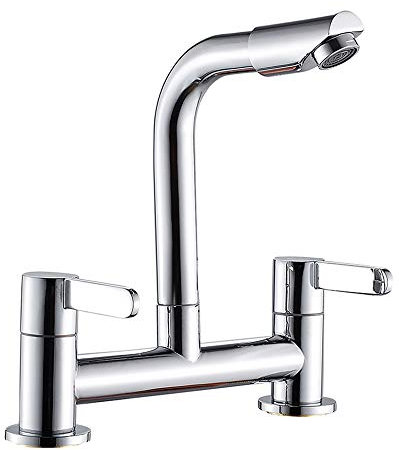 Dual Lever Kitchen Sink Mixer Taps Chrome 1/4 Turn 2 Hole Deck Mounted Modern 360° Swivel Spout Brass Basin Faucet (Chorme)