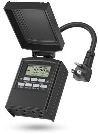 BN-LINK 7 Day Outdoor Heavy Duty Digital Programmable Timer, Outdoor Timer Outlet Waterproof, 2 Grounded Electrical Outlets for Christmas Lights, 15A 1/2HP,ETL Listed