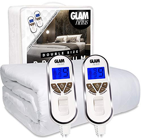 GlamHaus Double Size Electric Blanket Fitted Mattress Bed Cover, Premium White Diamond Quilted, 9 Heat Settings for Feet and Body, Timer, Dual Controls, Machine Washable (Double)