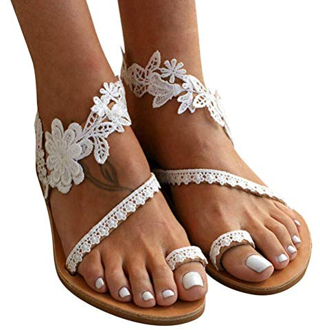 Minetom Damen Riemchen Flache Sandalen Böhmen Strandsandalen Lace Spitze Blumen Sommerschuhe Freizeit Vintage Zehe Ring Gladiator Sandalen Römische Schuhe Zehentrenner B Weiß 40 EU