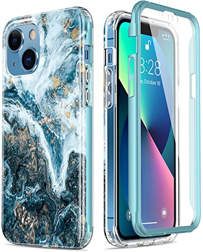 Esdot for iPhone 13 Case with Built-in Screen Protector,Military Grade Rugged Cover with Fashionable Designs for Women Girls,Protective Phone Case 6.1 Opal Marble Teal