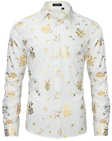HISDERN Men's Luxury Shiny Gold Rose Printed Shirts Long Sleeve Button Down Paisley Floral Dress Shirts for Wedding Party Nightclub White M