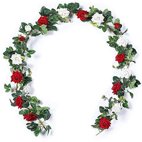 Floweroyal 2 Stück Blumengirlande Künstliche Rosengirlande 11.2FT Gefälschte Rosenranken Samtblumen Hängende Rose Efeu für Hochzeitsbogen Party Heim Garten Mauer Dekor (Rot und Weiß)