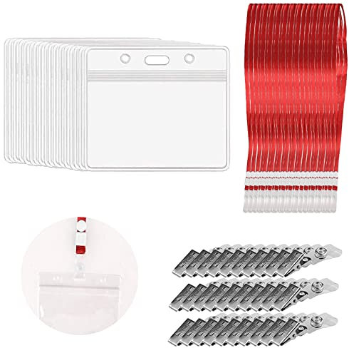 Monsully 30 Pcs Porte Carte Transparent avec Cordon, Porte-Badges Verticaux en Plastique Transparent Porte-Badge Étanche et Clip à Badge Porte-Badges avec Lanières pour L'école, Les Événements