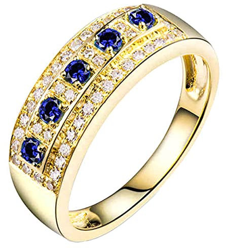 Whoiy Echter Goldschmuck 18K Gelbgold Verlobungsring Paar, 0.15ct Rund Saphir mit 0.21ct Diamant Damen Ringe, Geschenke Zur Einschulung, Gelb Gold, Gr.57 (18.1)