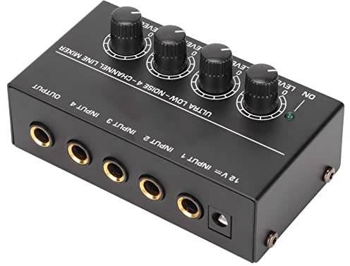4 Kanal Audio Mixer Sound Mischpult, Kompakter, Geräuscharmer Stereo Sound Mixer mit Einstellbarer Lautstärke, Ideal für Kleine Clubs oder Bars (EU)