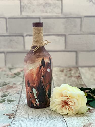Horse and Foal Light Up Bottle Lamp, Brown Farmhouse Decor Gift for Her, Horse Lover Gift, Present for Horse Owner, Light Up Gin Bottle Present