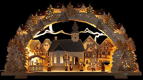 Tietze Schwibbogen Adventszeit mit beleuchteter Kirche, Natur - 70x41 cm